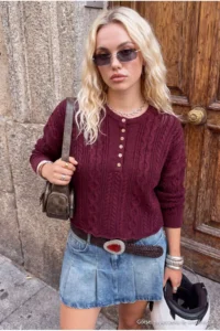 TRENDYOLMİLLA Burgundy Hair Knitting Wide Pattern Crop Knitwear Sweater - Image 6