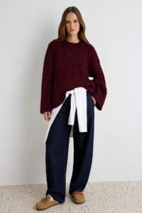 TRENDYOLMİLLA Burgundy Wide Pattern Soft textured Wide Pattern Knitwear Sweater - Image 3