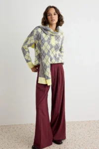 TRENDYOLMİLLA Yellow Plaid Patterned Shawl Knitwear Sweater - Image 3