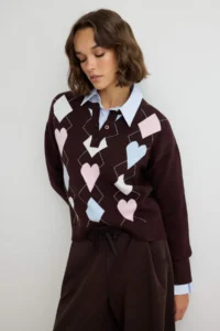 TRENDYOLMİLLA Brown Polo Shirt Collar Baklava pattern Knitwear Sweater