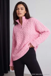 TRENDYOLMİLLA PINK Super Wide Pattern Hair Knitting Zippered Knitwear Sweater - Image 2