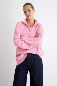 TRENDYOLMİLLA PINK Super Wide Pattern Hair Knitting Zippered Knitwear Sweater - Image 3