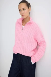TRENDYOLMİLLA PINK Super Wide Pattern Hair Knitting Zippered Knitwear Sweater - Image 4