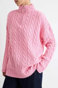 TRENDYOLMİLLA PINK Super Wide Pattern Hair Knitting Zippered Knitwear Sweater - Image 6
