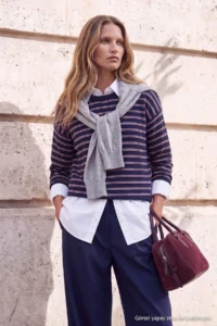 TRENDYOLMİLLA Wardrobe Essentials NAVY BLUE Striped Oversized Crew Neck Knitwear Sweater - Image 2