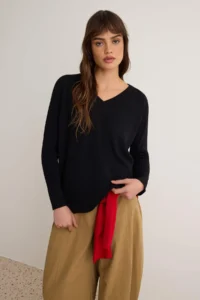 TRENDYOLMİLLA Black More Sustainable Basic V-neck Thin Oversized Knitwear Sweater