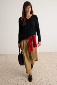 TRENDYOLMİLLA Black More Sustainable Basic V-neck Thin Oversized Knitwear Sweater - Image 2