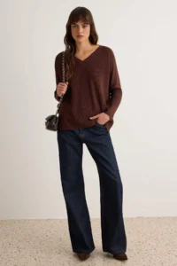TRENDYOLMİLLA Brown More Sustainable Basic V-neck Thin Oversized Knitwear Sweater - Image 2