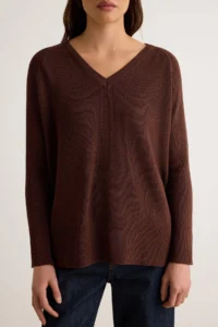TRENDYOLMİLLA Brown More Sustainable Basic V-neck Thin Oversized Knitwear Sweater - Image 3