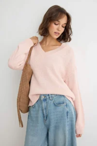 TRENDYOLMİLLA Powder PINK Basic Soft textured V-neck Knitwear Sweater