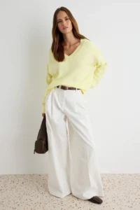 TRENDYOLMİLLA Yellow Basic Soft textured V-neck Knitwear Sweater - Image 2