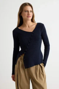 TRENDYOLMİLLA NAVY BLUE Fitted Asymmetric Kapama Detailed Knitwear Sweater