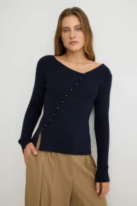 TRENDYOLMİLLA NAVY BLUE Fitted Asymmetric Kapama Detailed Knitwear Sweater - Image 2