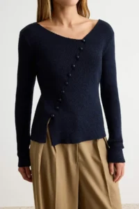 TRENDYOLMİLLA NAVY BLUE Fitted Asymmetric Kapama Detailed Knitwear Sweater - Image 3