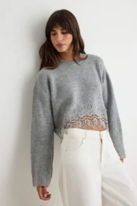 TRENDYOLMİLLA Gray Lace Detailed Crop Knitwear Sweater