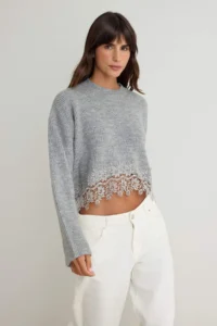 TRENDYOLMİLLA Gray Lace Detailed Crop Knitwear Sweater - Image 2