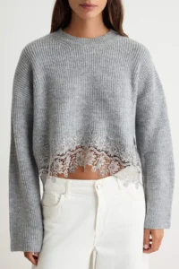 TRENDYOLMİLLA Gray Lace Detailed Crop Knitwear Sweater - Image 3