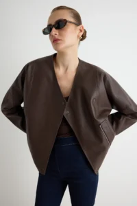 TRENDYOLMİLLA Brown Oversized Pattern Double breasted Kapama Faux Leather Jacket Coat - Image 2