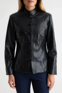 TRENDYOLMİLLA Black Fitted Pattern Napolyon Kapama Faux Leather Coat - Image 5