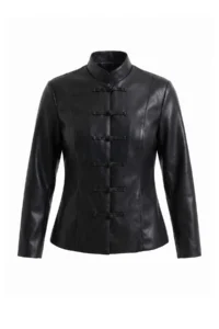 TRENDYOLMİLLA Black Fitted Pattern Napolyon Kapama Faux Leather Coat - Image 7
