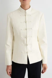 TRENDYOLMİLLA Ecru Fitted Pattern Napolyon Kapama Faux Leather Coat - Image 3