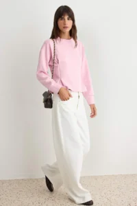 TRENDYOLMİLLA Light PINK Premium pleated peplum Crew Neck Drop Sleeve interlock Knitting Sweatshirt - Image 2