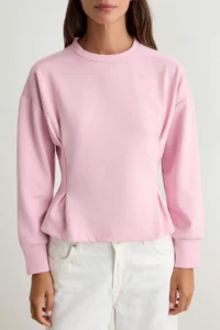TRENDYOLMİLLA Light PINK Premium pleated peplum Crew Neck Drop Sleeve interlock Knitting Sweatshirt - Image 3