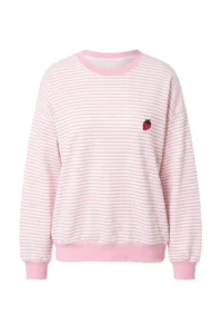 TRENDYOLMİLLA Light PINK Striped Strawberry Embroidered Oversized/Wide Cut Thick Knitting Sweatshirt
