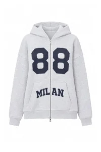 TRENDYOLMİLLA Snow Melange Thick Slogan Printed Zippered Hooded Knitting Sweatshirt with Fleece Inside