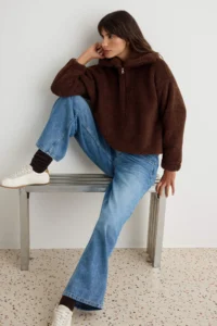 TRENDYOLMİLLA Brown Plush Turndown collar Zippered Oversized Knitting Sweatshirt - Image 2