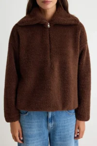 TRENDYOLMİLLA Brown Plush Turndown collar Zippered Oversized Knitting Sweatshirt - Image 3