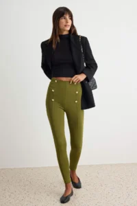 TRENDYOLMİLLA Khaki Button Detailed High Waist Cotton Tok Material Knitting Leggings