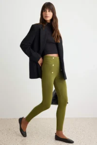 TRENDYOLMİLLA Khaki Button Detailed High Waist Cotton Tok Material Knitting Leggings - Image 2