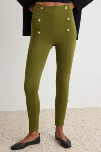 TRENDYOLMİLLA Khaki Button Detailed High Waist Cotton Tok Material Knitting Leggings - Image 3