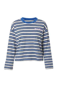 TRENDYOLMİLLA NAVY BLUE Striped Printed Normal Pattern Printed Knitting T-Shirt
