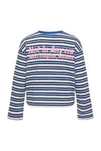 TRENDYOLMİLLA NAVY BLUE Striped Printed Normal Pattern Printed Knitting T-Shirt - Image 4