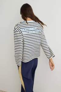 TRENDYOLMİLLA NAVY BLUE Striped Front and Back Slogan Printed Knitting T-Shirt Bodysuit - Image 3