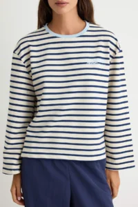 TRENDYOLMİLLA NAVY BLUE Striped Front and Back Slogan Printed Knitting T-Shirt Bodysuit - Image 4