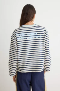 TRENDYOLMİLLA NAVY BLUE Striped Front and Back Slogan Printed Knitting T-Shirt Bodysuit - Image 5