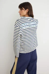 TRENDYOLMİLLA NAVY BLUE Striped Front and Back Slogan Printed Knitting T-Shirt Bodysuit - Image 6