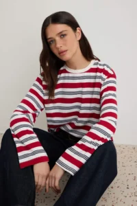TRENDYOLMİLLA Ecru-Red Striped Regular/Normal Pattern Cotton Knitting T-Shirt