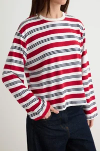 TRENDYOLMİLLA Ecru-Red Striped Regular/Normal Pattern Cotton Knitting T-Shirt - Image 3