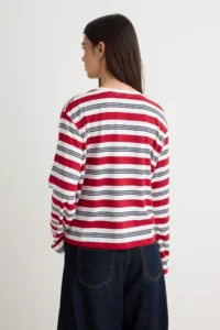 TRENDYOLMİLLA Ecru-Red Striped Regular/Normal Pattern Cotton Knitting T-Shirt - Image 4