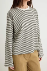 TRENDYOLMİLLA Ecru-NAVY BLUE Striped Regular/Normal Pattern Cotton Knitting T-Shirt - Image 3