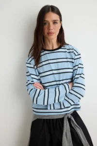 TRENDYOLMİLLA Light BLUE Striped Regular/Normal Pattern Cotton Knitting T-Shirt