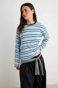 TRENDYOLMİLLA Light BLUE Striped Regular/Normal Pattern Cotton Knitting T-Shirt - Image 2