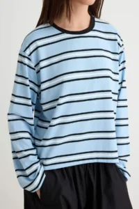 TRENDYOLMİLLA Light BLUE Striped Regular/Normal Pattern Cotton Knitting T-Shirt - Image 3