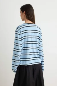 TRENDYOLMİLLA Light BLUE Striped Regular/Normal Pattern Cotton Knitting T-Shirt - Image 4