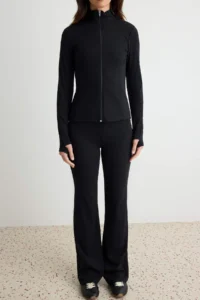 TRENDYOLMİLLA Black Fitted Zippered flared leg Cotton Rib Knitting Top and Bottom Set - Image 4