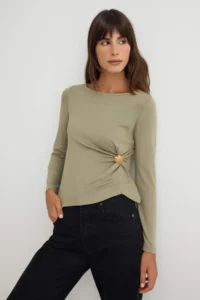 TRENDYOLMİLLA Oil GreenFitted Boat Neck Accessory Detailed Soft Knitting Blouse - Image 2